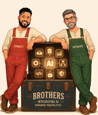 The AI Brothers — one in red overalls, one in green — leaning on a toolbox of AI tools